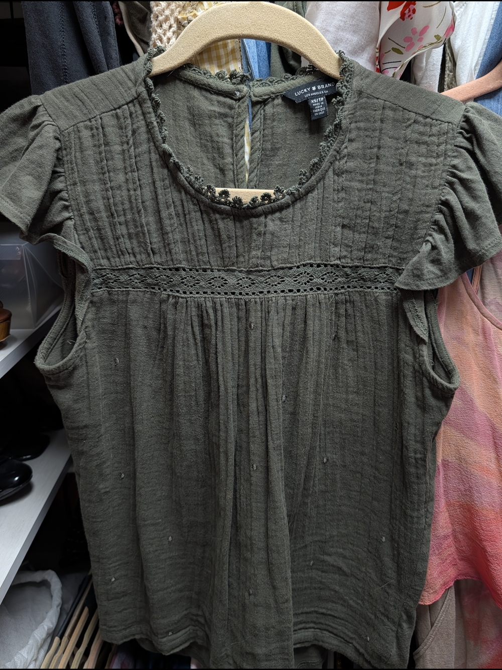 Lucky Brand Olive Crochet-Trim Flutter Sleeve Top